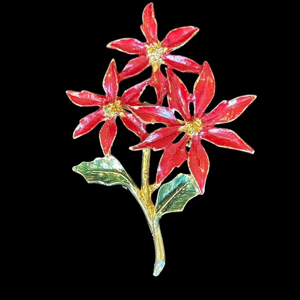 Vintage Oversized Red Enamel Christmas Holiday Poinsettia Flower Pin Brooch